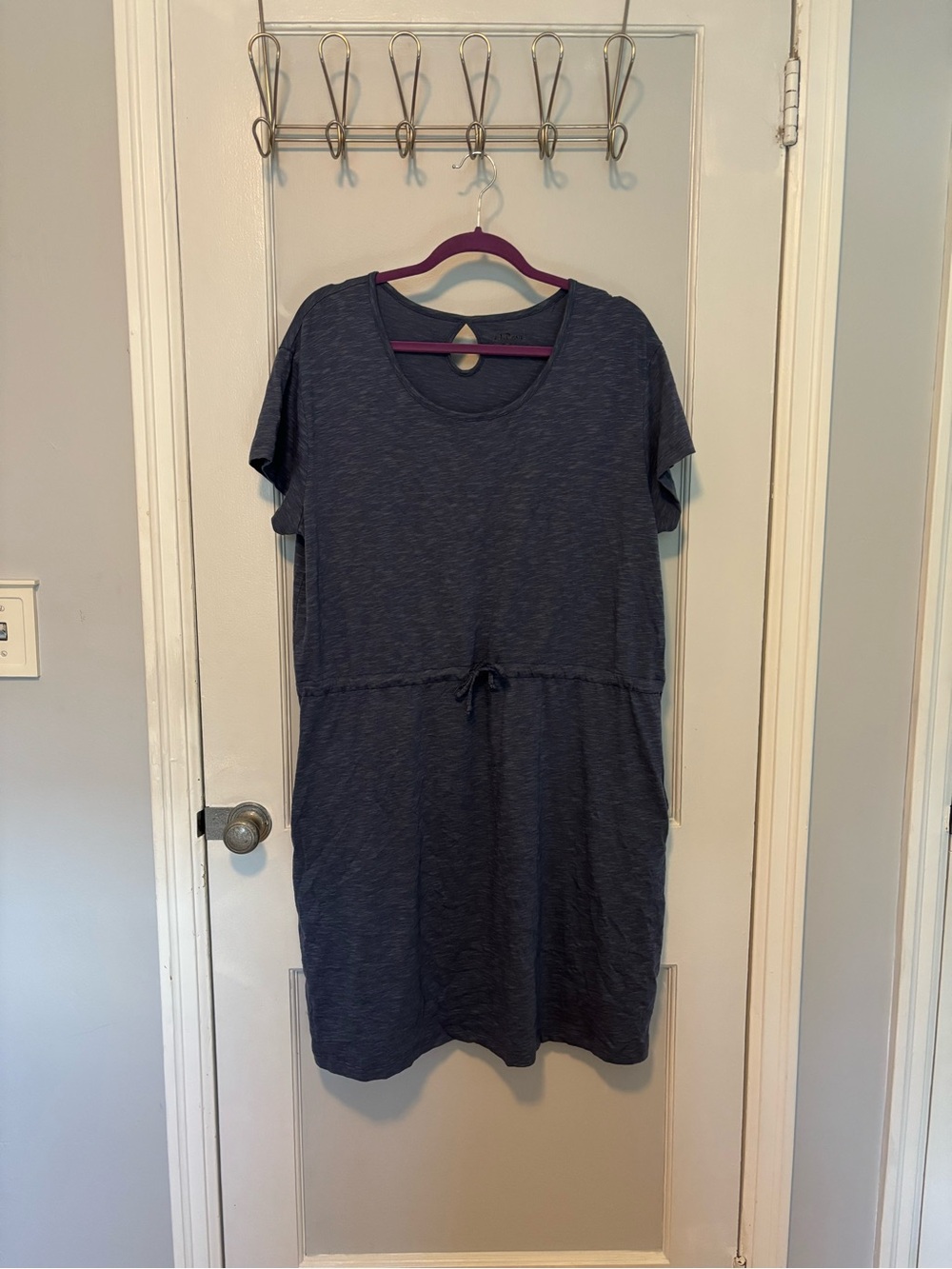 L.L. Bean Navy Short-Sleeve Drawstring Midi Dress